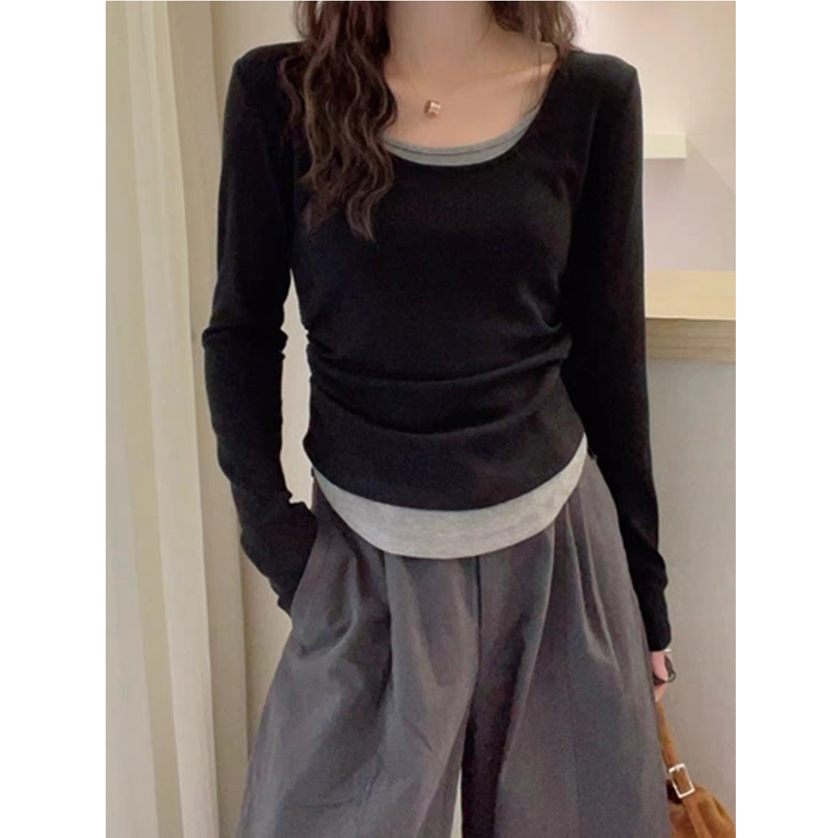 大码微胖MM假两件撞色T恤女欧洲站早秋新款欧货女装百搭打底小衫