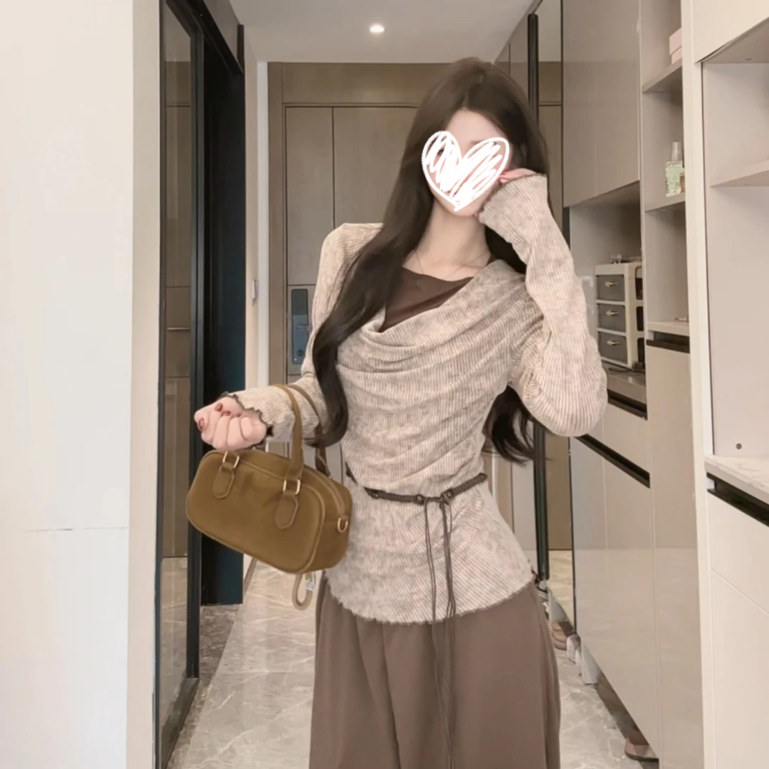 辣妹风挂脖假两件扎染针织衫女秋季套头长袖T恤衫纯欲荡领小上衣