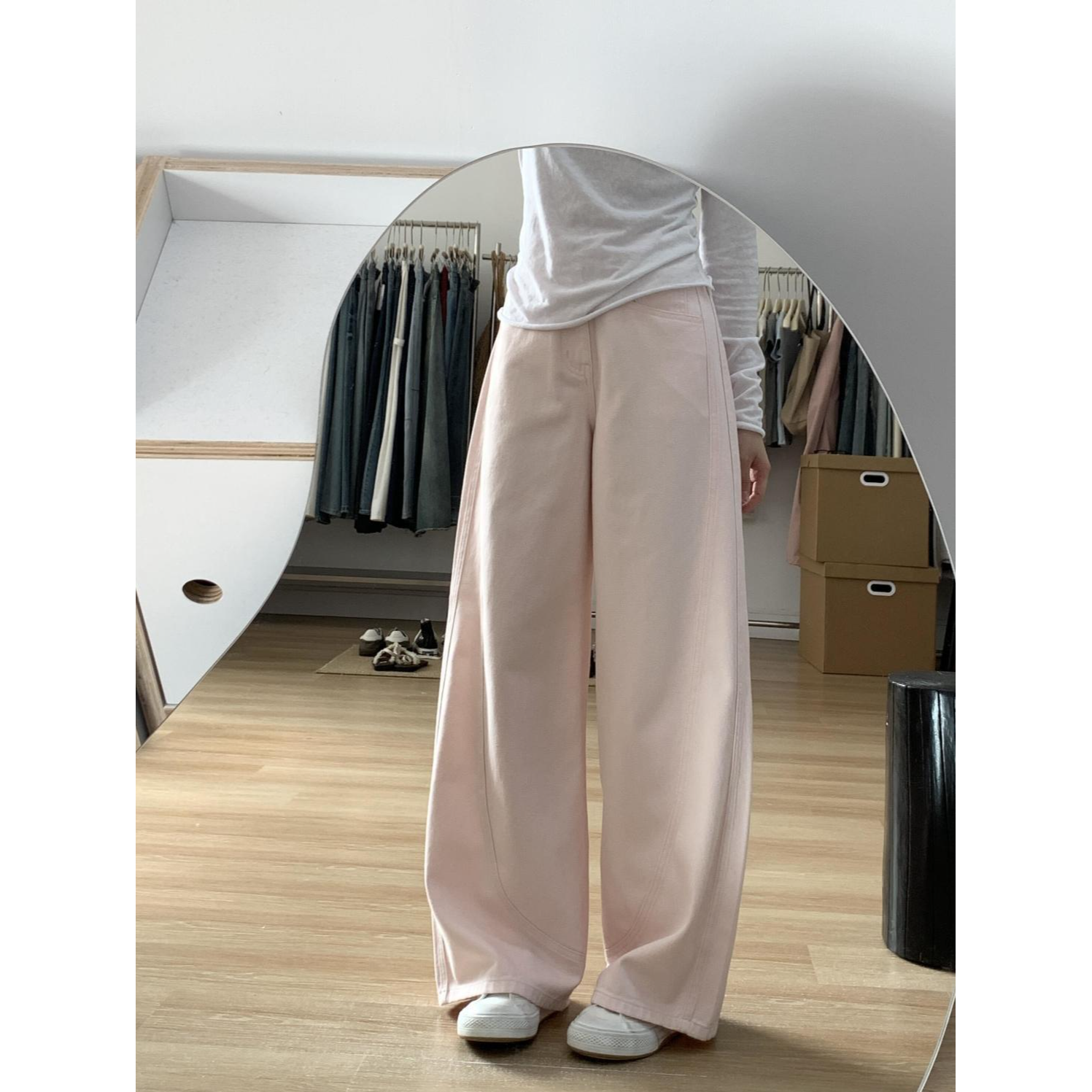 145小个子美式高街淡粉色牛仔裤女设计感高腰垂感直筒阔腿裤子潮