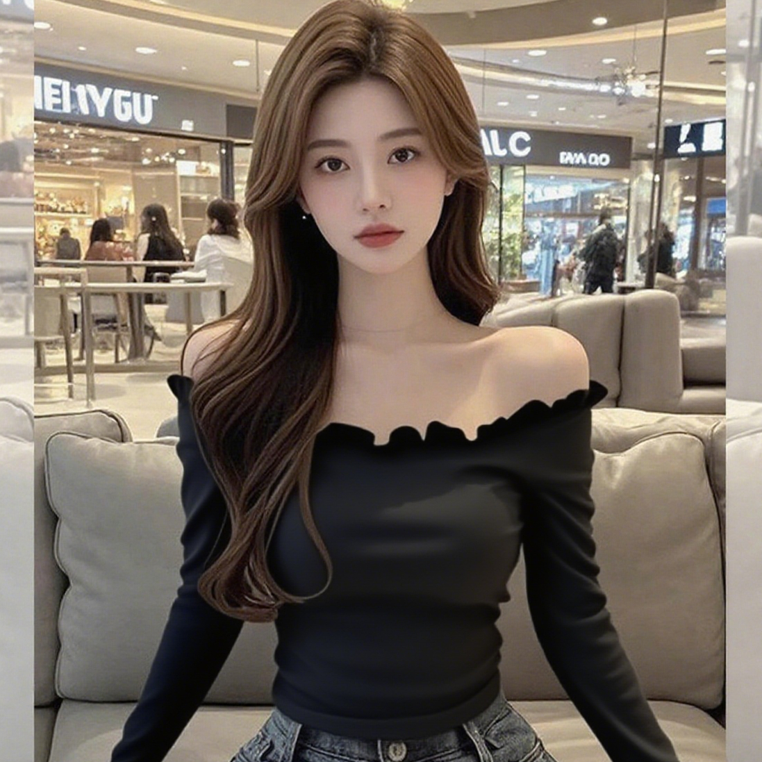 2025秋季新款一字肩木耳边T恤纯欲风辣妹打底衫修身显瘦通勤上衣