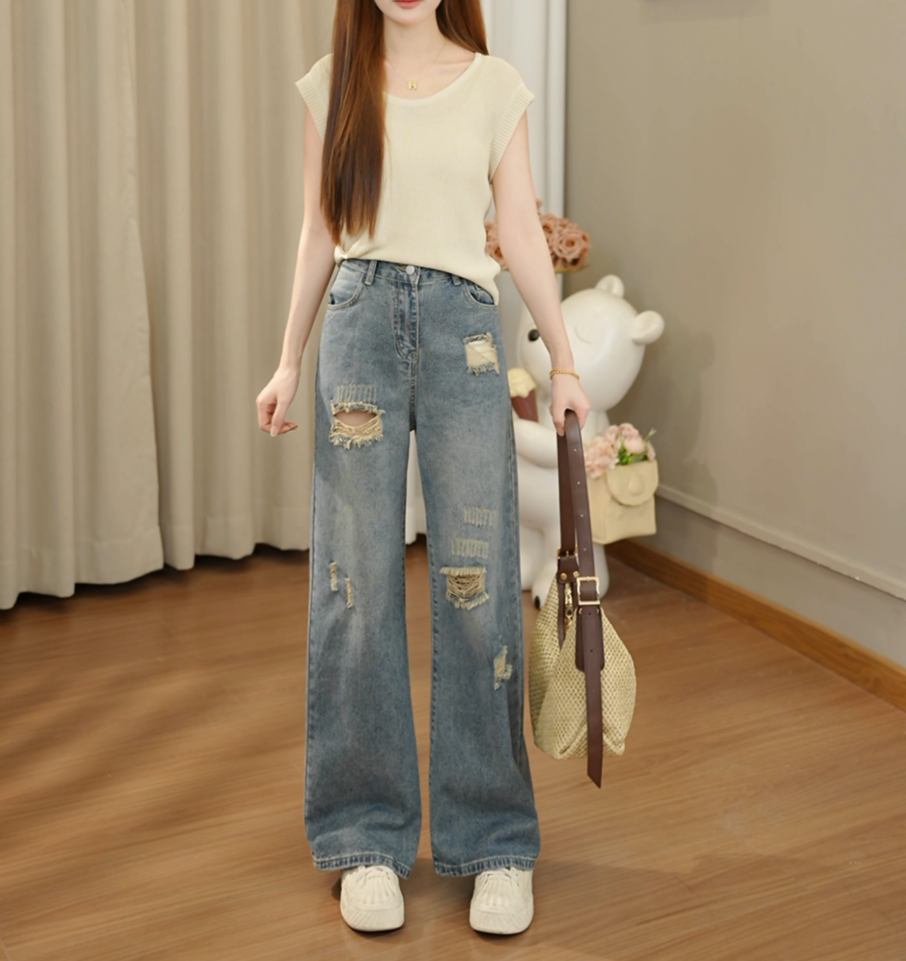 复古蓝破洞阔腿牛仔裤小个子新款拖地裤宽松慵懒显瘦高腰直筒女