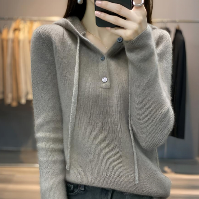 鄂尔多斯市加厚羊绒衫女秋冬新款纽扣休闲百搭保暖针织连帽卫衣