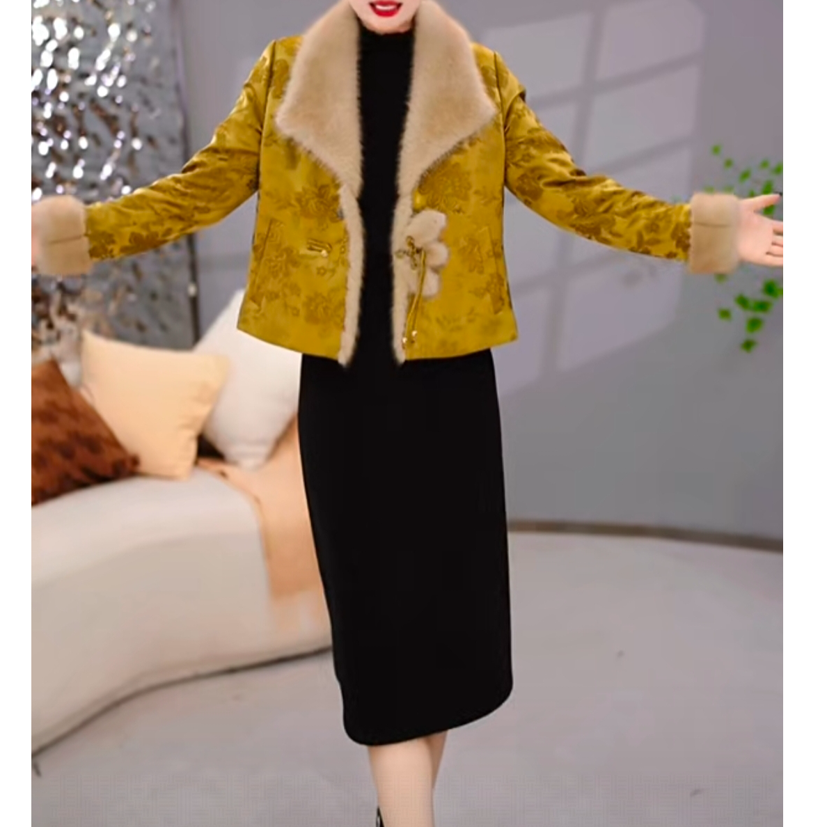 伊纤梦外套+连衣裙 2025冬季时尚复古中式气质加厚保暖毛领套装裙