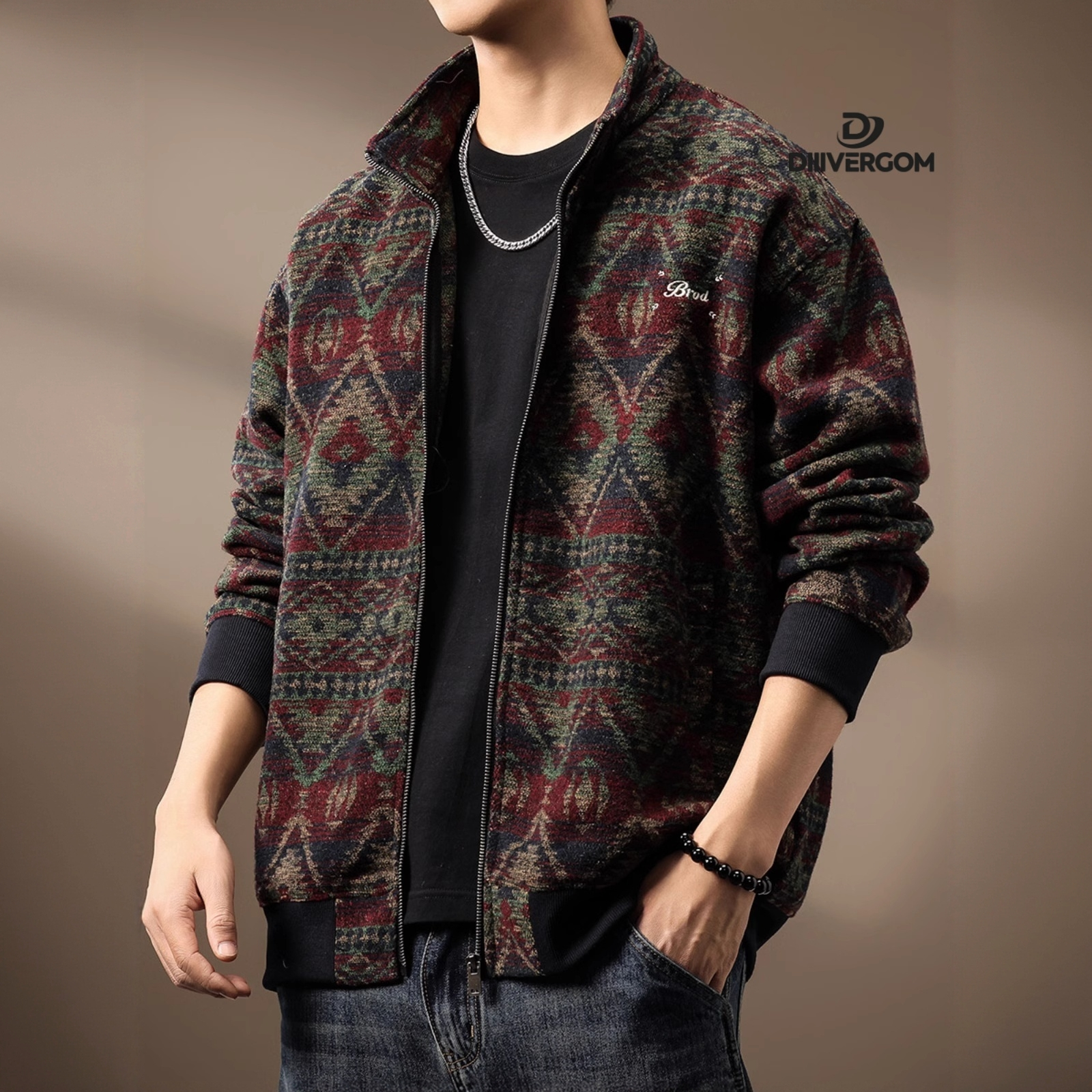 DIIIVERGOM男生秋季穿搭推荐民族风男士秋季宽松休闲复古开衫
