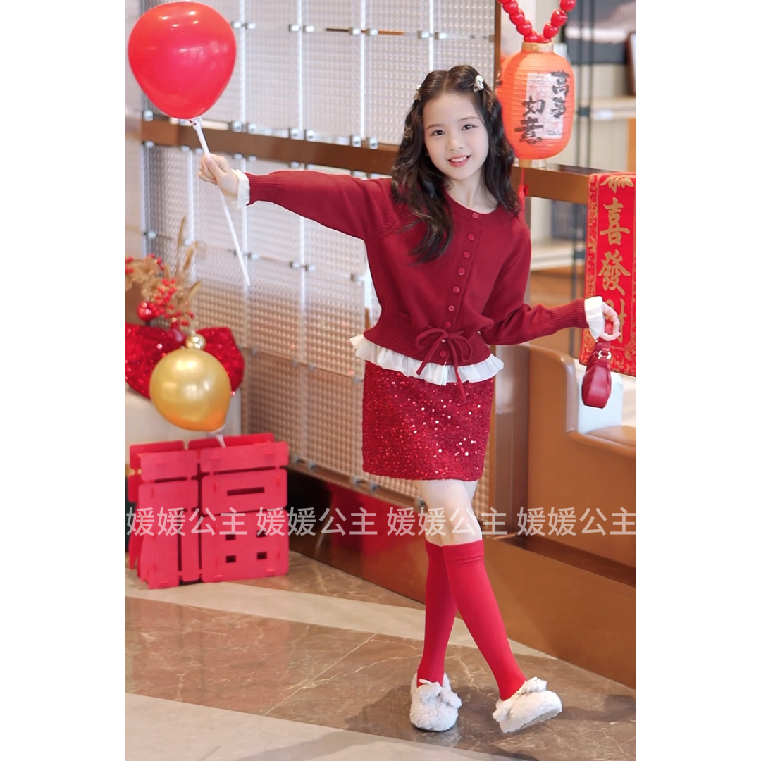 媛媛公主【新年甜心】2025冬女童针织亲肤蕾丝花边毛衣15405A480