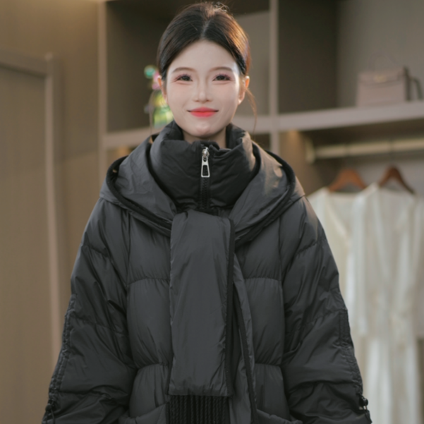 冬季设计感围巾连帽优雅百搭白鸭绒羽绒服M-XL