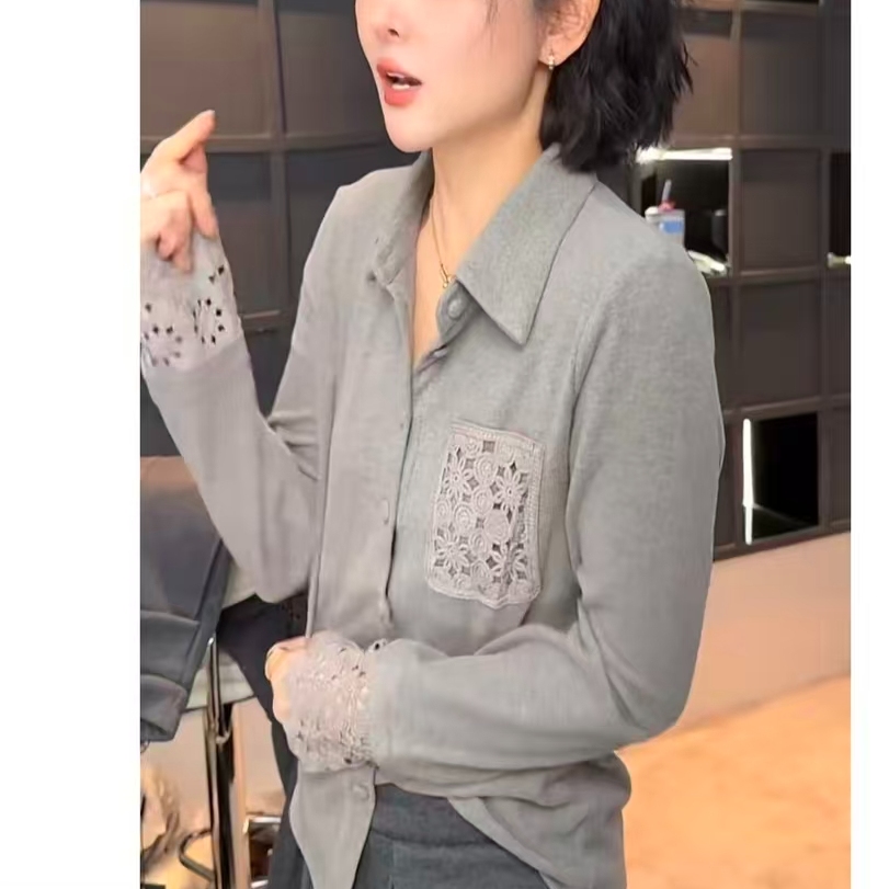 长袖花边秋冬双面厚款成人衬衫领保暖衬衫上衣polo领ins宽松927