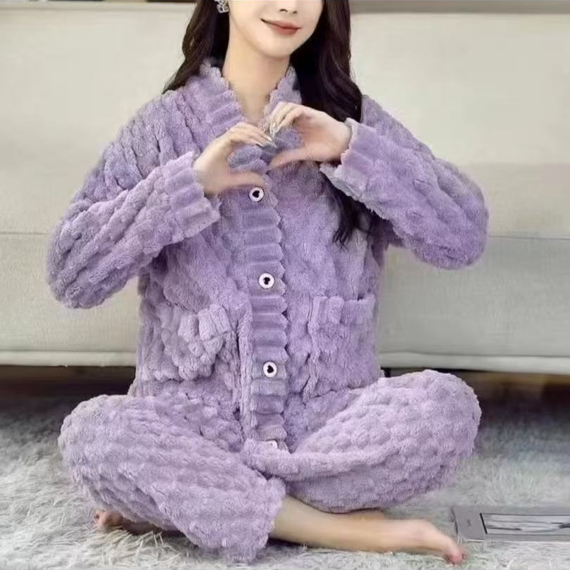 秋冬加厚紫色V领两件套家居服套装