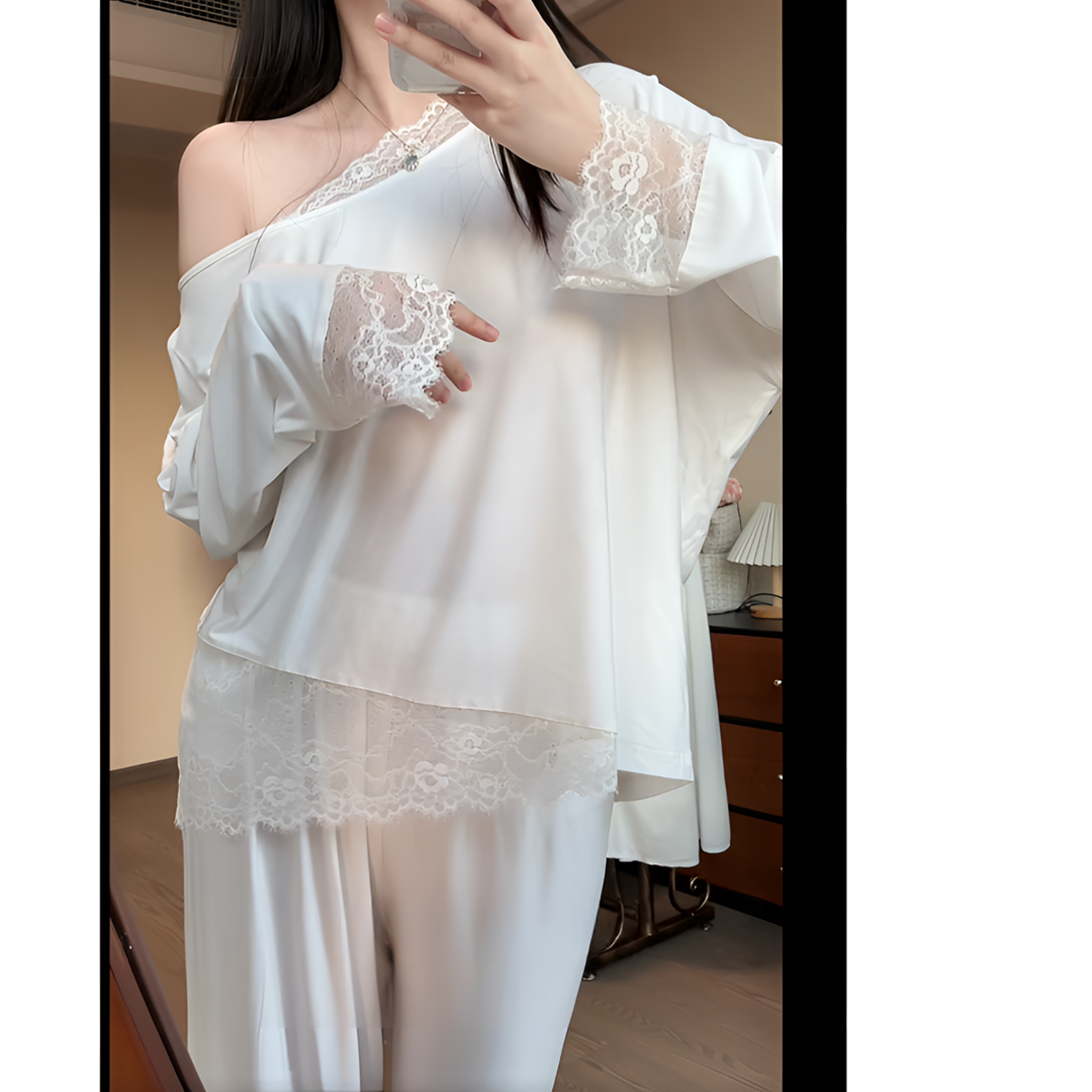 白月美人蕾丝花边斜肩美背睡衣女春秋季新款纯欲风性感宽松家居服