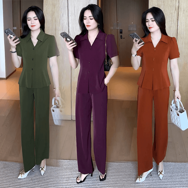 小个子休闲风时尚套装女士2025夏季新款收腰短袖衬衫阔腿裤两件套