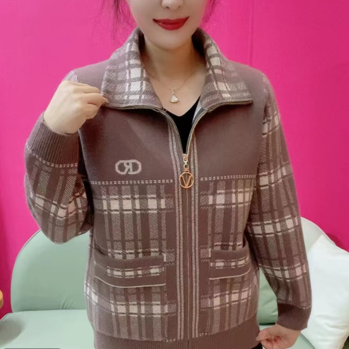 休闲针织衫新款翻领高弹外套女秋冬时尚长袖百搭格子中老年妈妈装