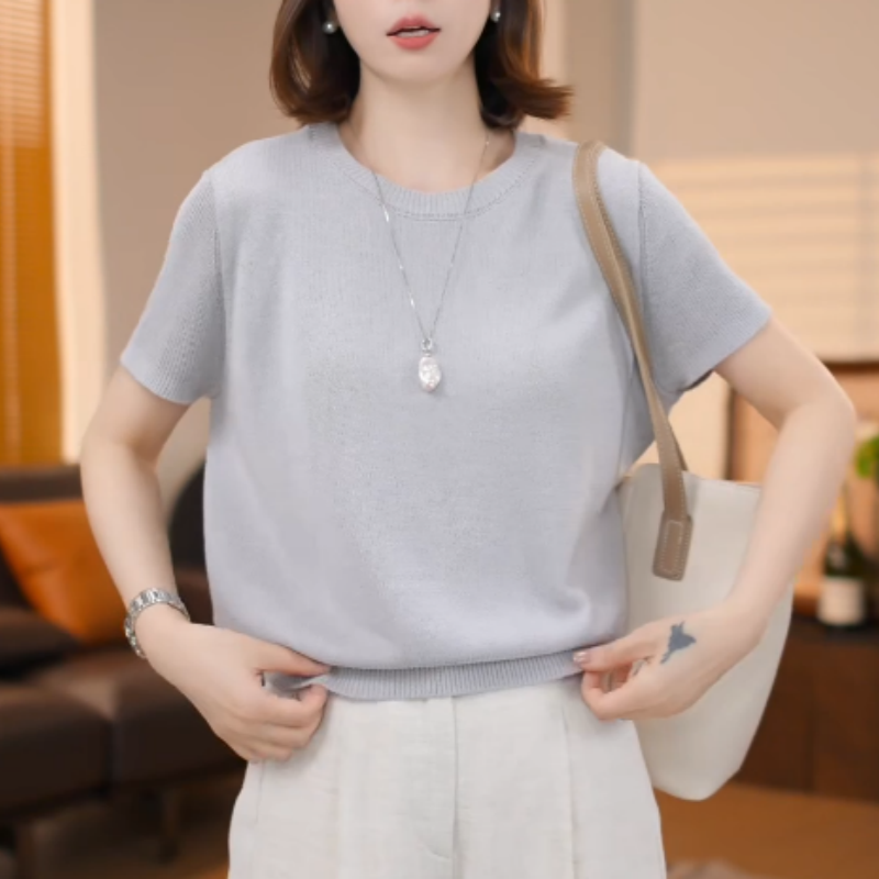 2025年春夏爆款休闲极简百搭上衣时尚通勤遮肉洋气短袖针织女款