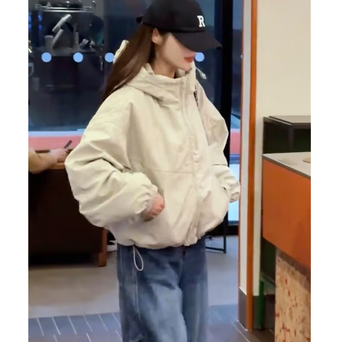双拉链连帽夹棉加厚短外套女秋冬季新款小个子宽松显瘦冲锋衣上衣