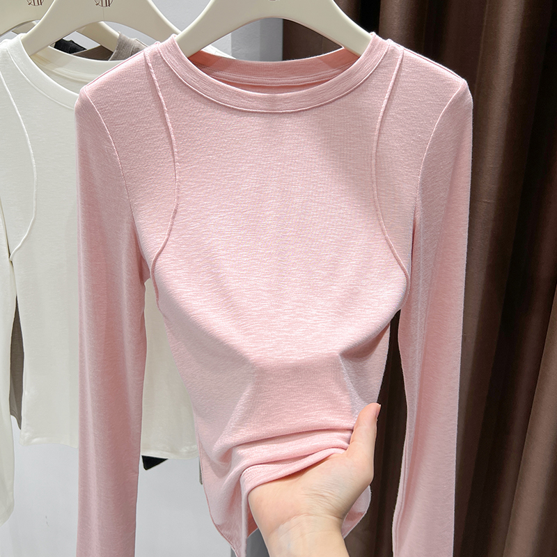 甜美粉色气质圆领长袖套头打底衫上衣女秋季新款软糯修身亲肤T恤