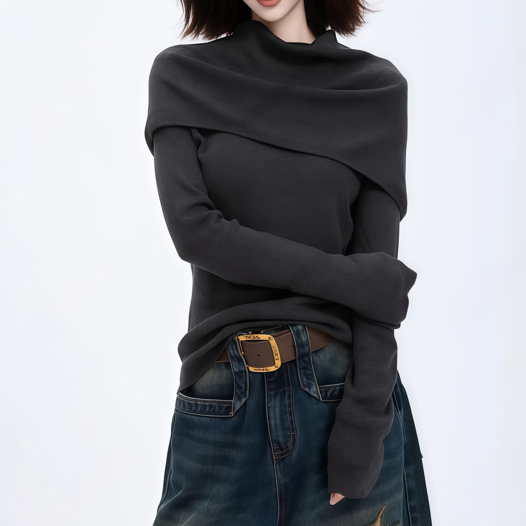 巨好看的韩系氛围感穿搭连帽针织衫秋冬设计感修身内搭打底上衣