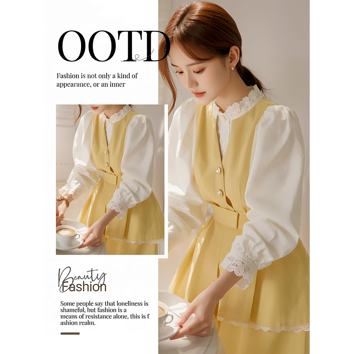 法式气质蕾丝拼接2025早秋新款独特绝美假两件长袖上衣裤子两件套