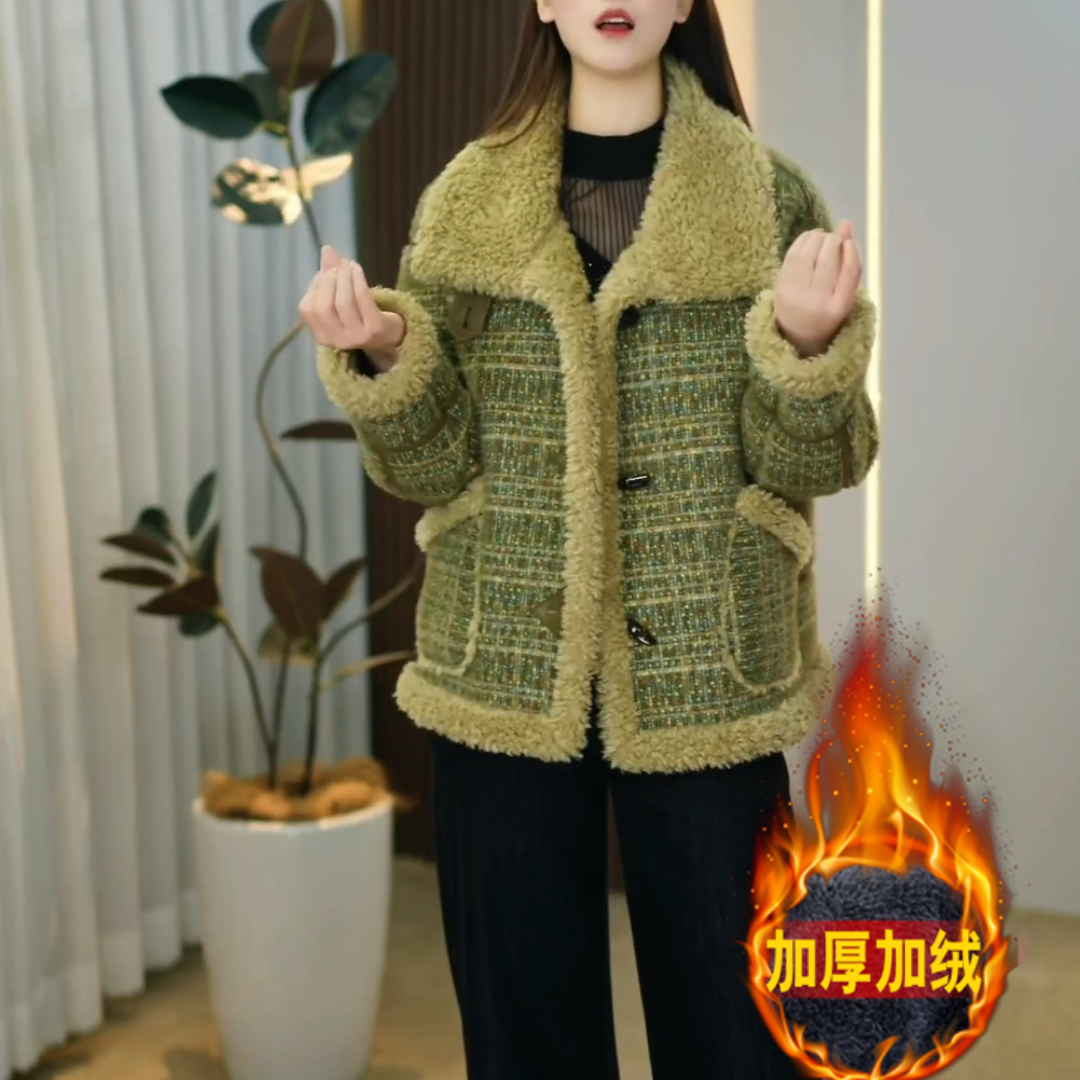 时尚休闲加厚格纹外套2025秋冬新款女士洋气显瘦减龄保暖短款草草