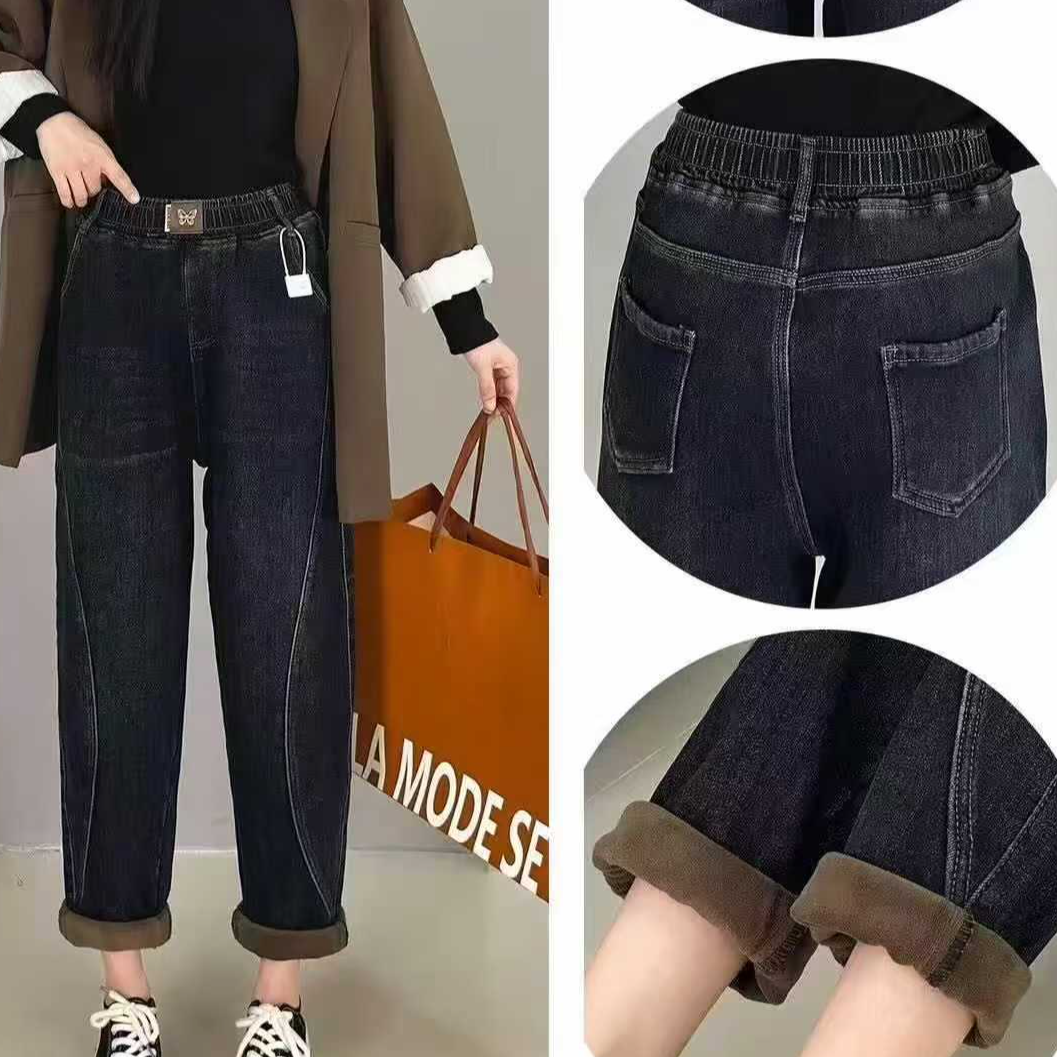 大码冬季宽松显瘦加绒加厚咪咪绒松紧腰贴标老爹裤#26610-5