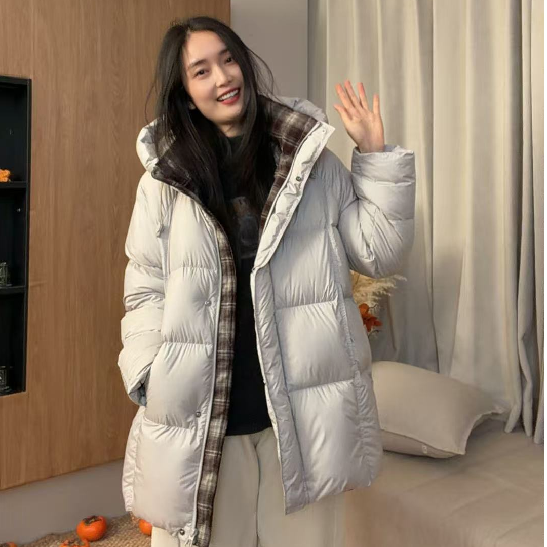 599-中长款90鸭绒拉链保暖羽绒服宽松型连帽休闲时尚冬季潮流