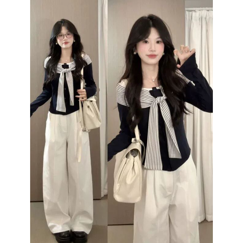 2025秋季新款女韩系穿搭假两件条纹长袖上衣显瘦阔腿长裤两件套装