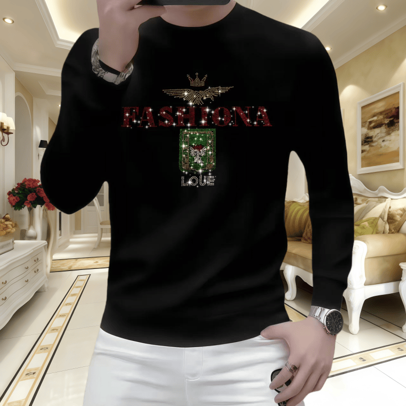 男士百搭休闲圆领时尚卫衣秋冬季烫钻潮流长袖修身帅气套头打底衫