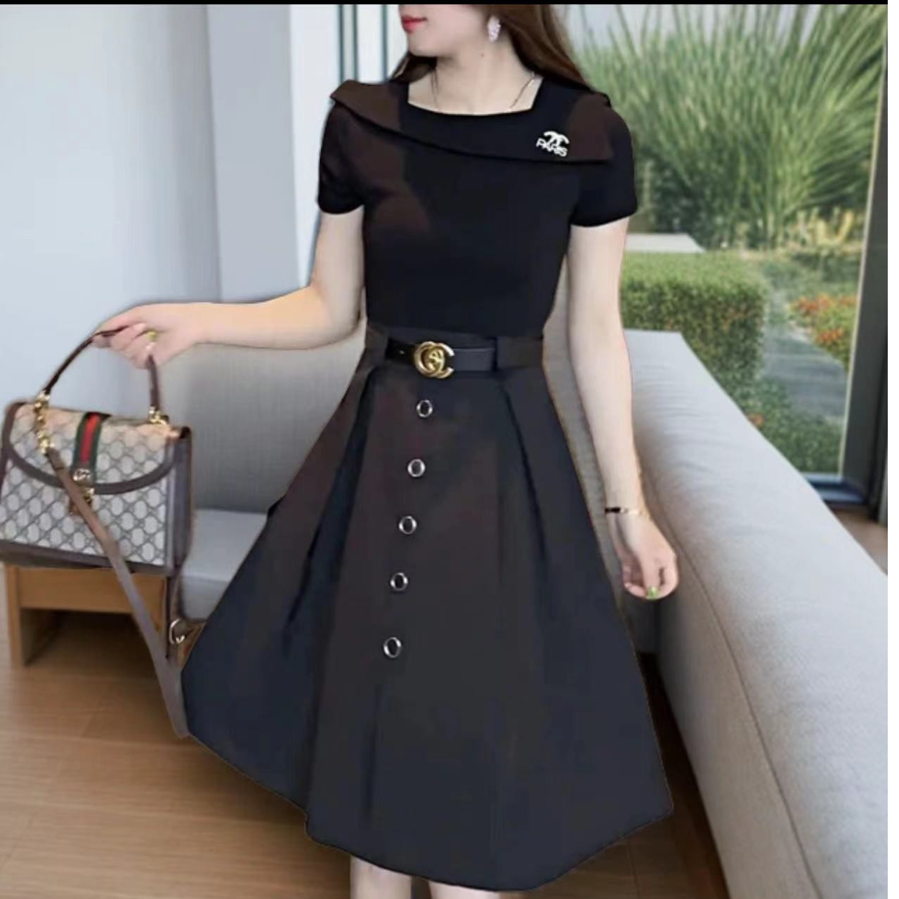 条纹假两件a字连衣裙减龄收腰新款撞色高贵2025小个子拼接裙子