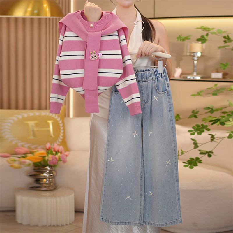 女童海军领条纹毛衣阔腿裤套装2025新款春秋款披肩针织开衫牛仔裤