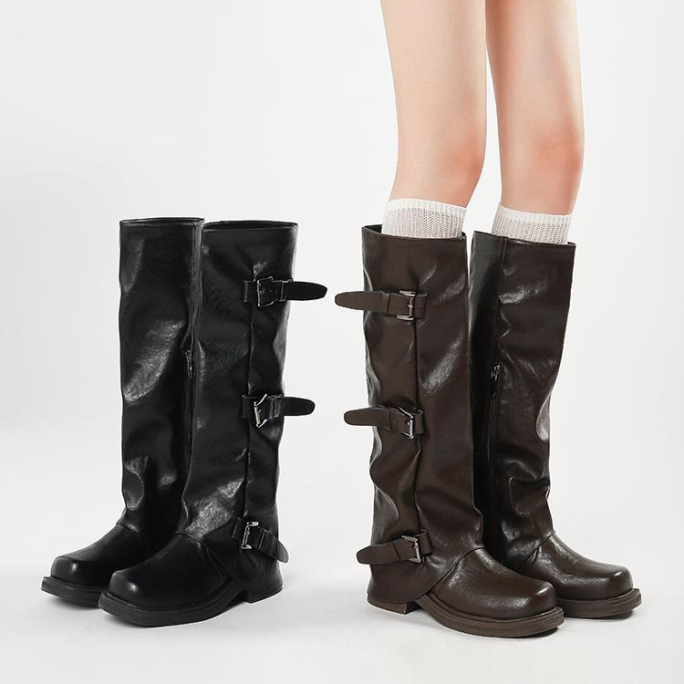 厚底胖mm西部靴子女大码41大筒围骑士靴褶皱堆堆靴粗腿长筒裤管靴