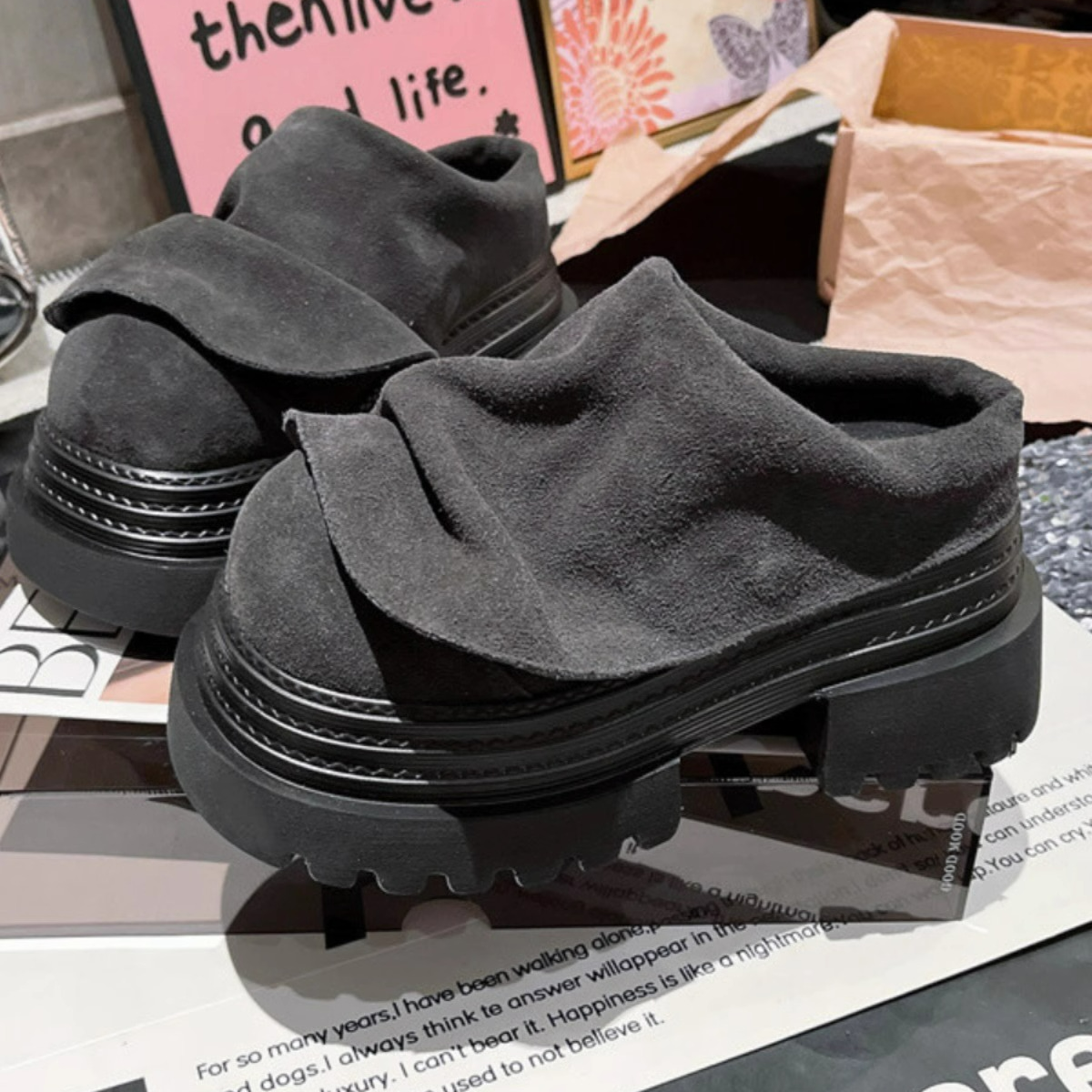 欧货2025年荷叶边走秀款包头半拖鞋磨砂JK小皮鞋小个子7cm女鞋托