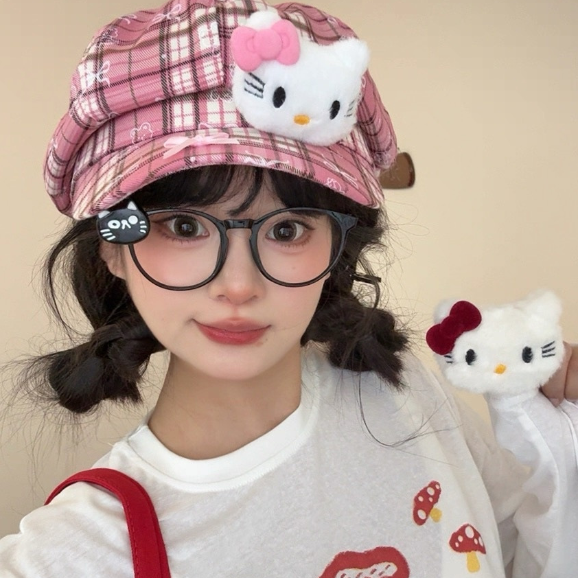 新款古早可爱Kitty格纹八角帽女显脸小鸭舌帽甜美百搭辣妹贝雷帽