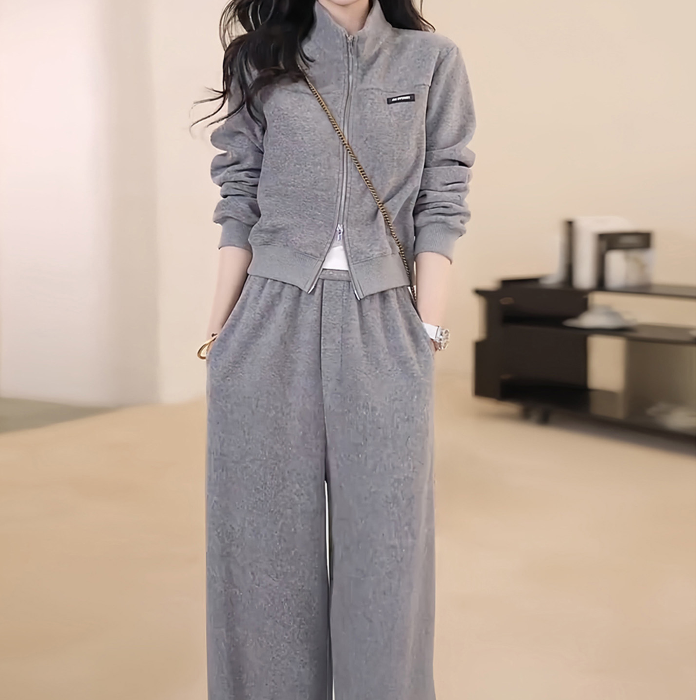 2025新款欧美风慵懒宽松休闲时尚套装灰色气质上衣加阔腿裤两件套