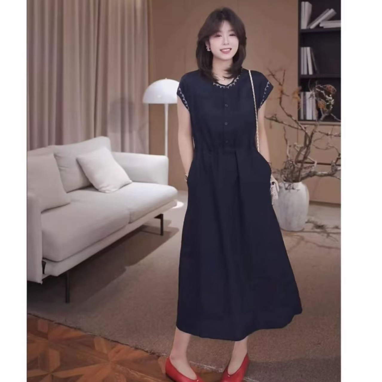 天丝亚麻欧若风拼色刺绣短袖连衣裙2025年女夏季