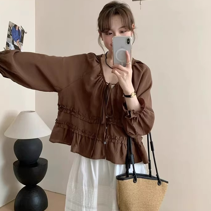 高端货~法式花边拼接系带长袖衬衫女装夏季宽松百搭防晒小衫上衣