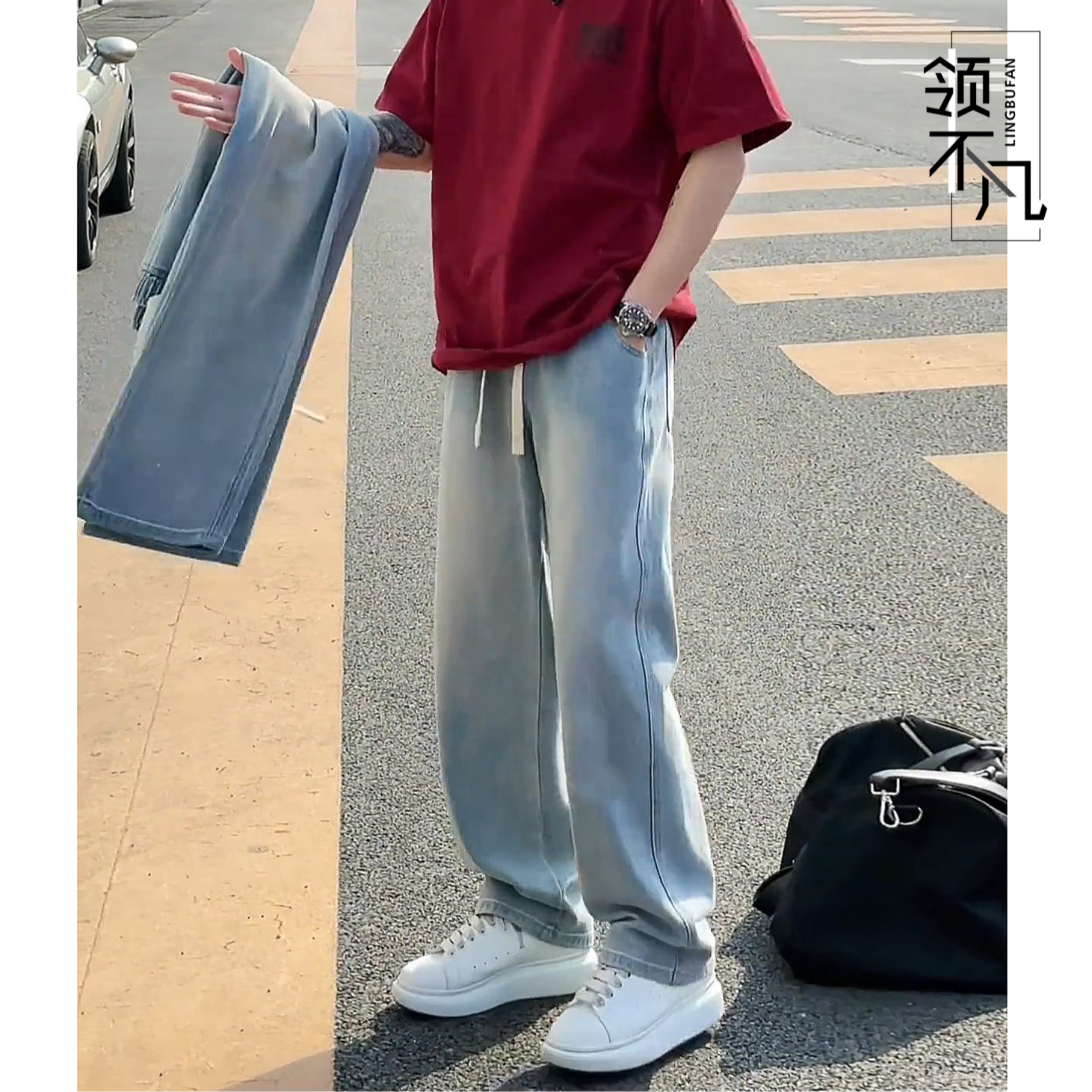 秋冬加绒牛仔裤男女款休闲百搭宽松浅色复古垂感直筒裤男美式爆款