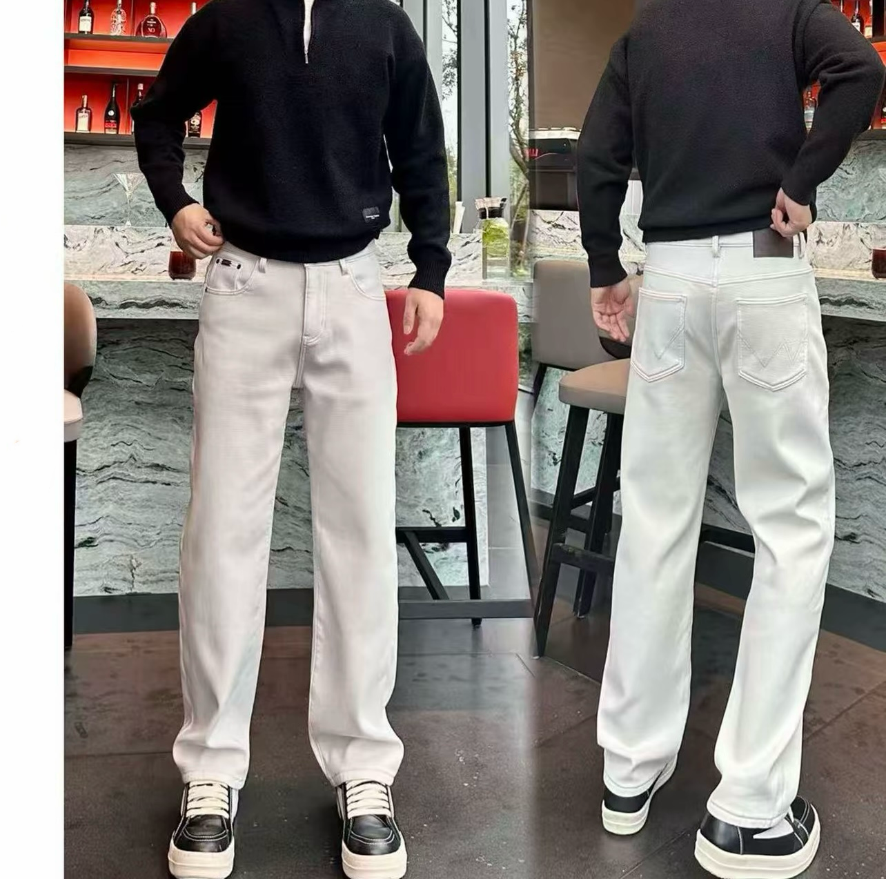 冬季加绒男款弹力微宽松直筒牛仔裤白色秋冬裤子休闲百搭老钱风