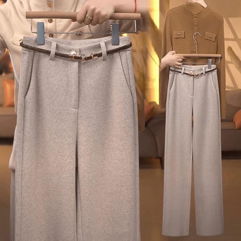 绵羊毛直筒裤女秋冬季2025新款高腰休闲西装裤加绒窄版毛呢阔腿裤