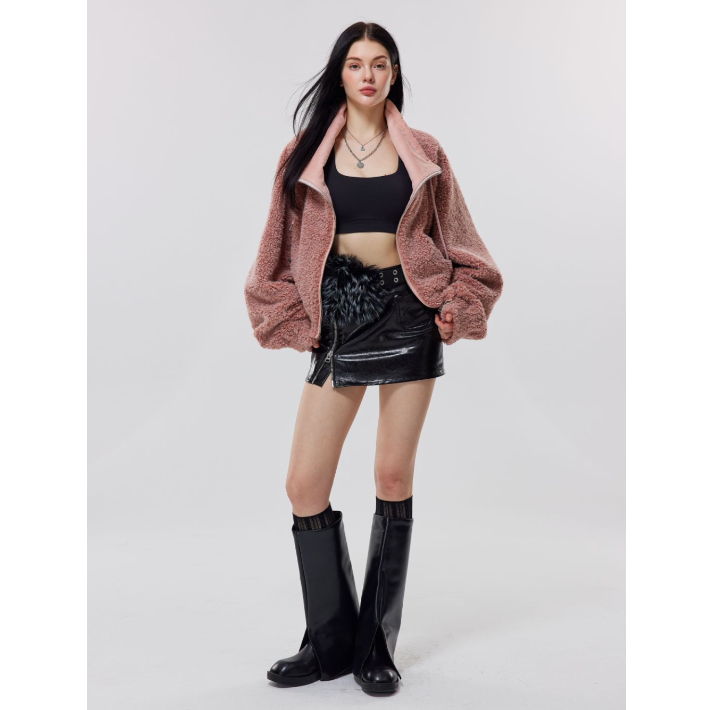 Flüos「柔光精灵」褪染工艺 小羊羔绒 结构款双头拉链外套