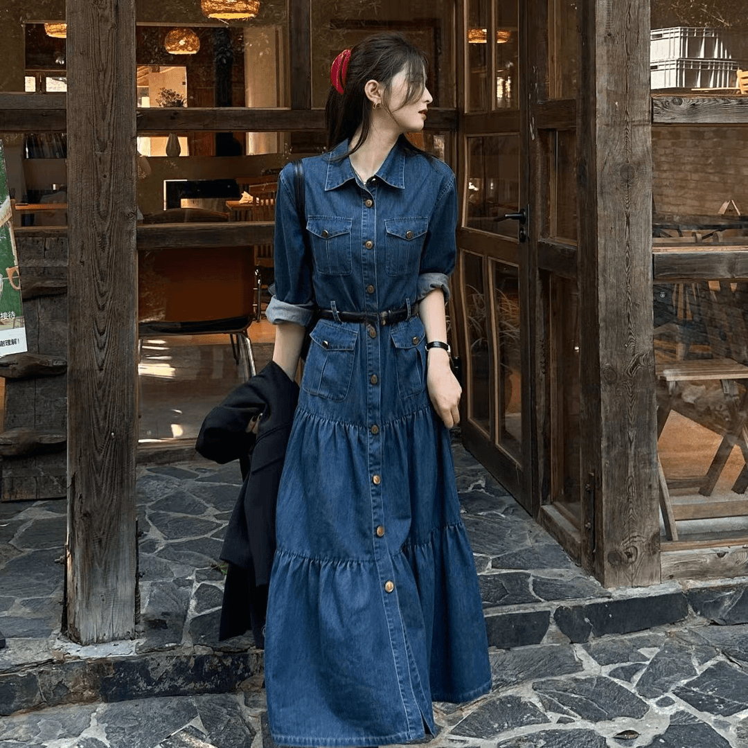 复古气质牛仔衬衫连衣裙女2025春秋新款收腰显瘦通勤轻奢大摆长裙