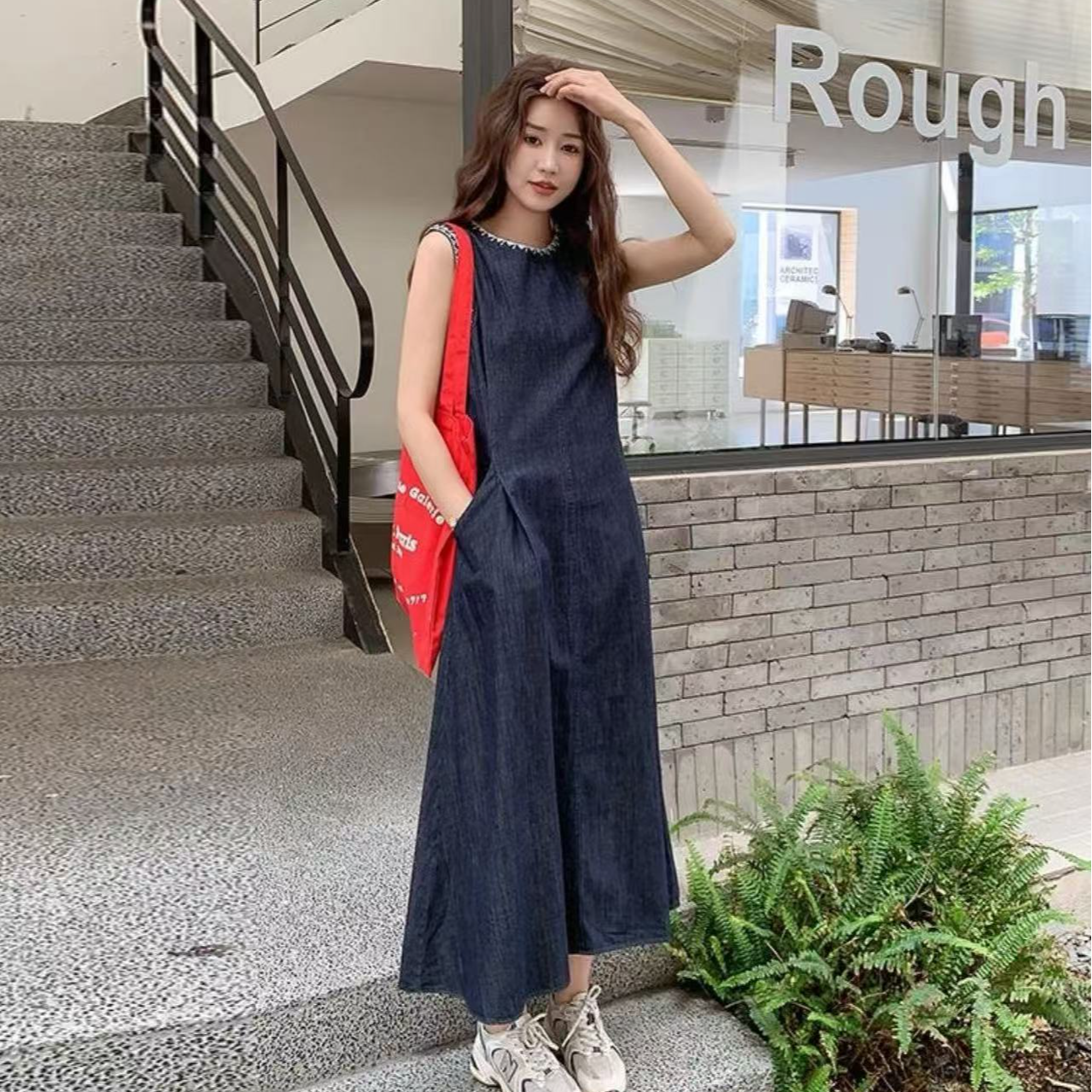 现！25新款夏季复古高级感宽松显瘦长裙子法式无袖背心牛仔连衣裙