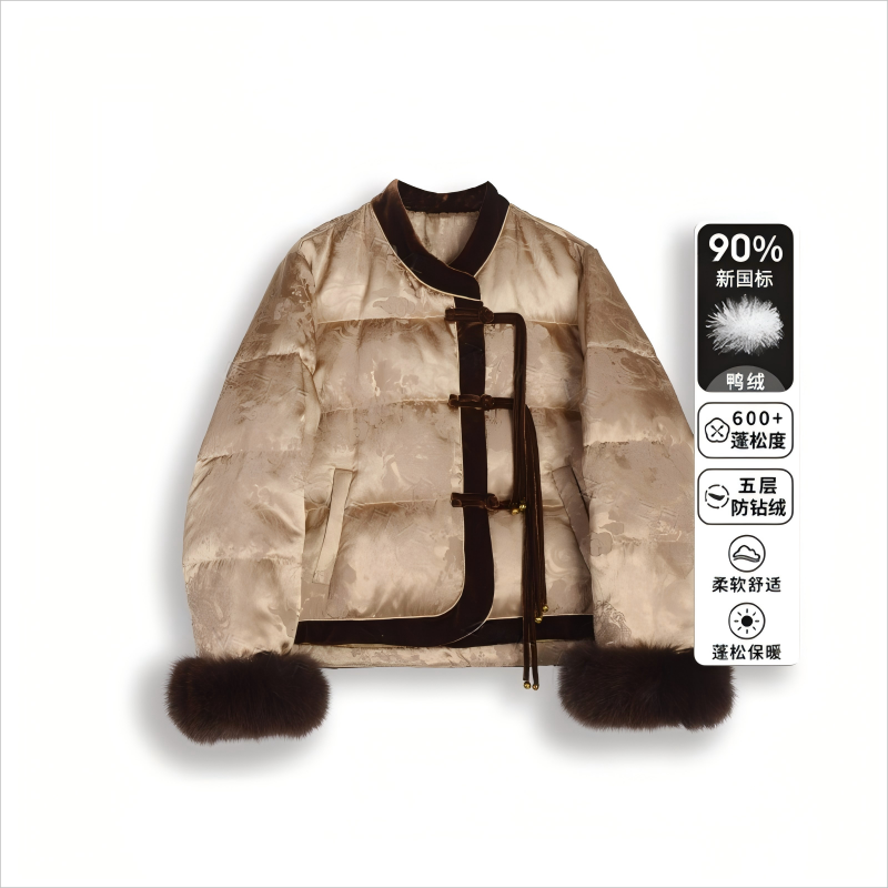 【假绒支持仅退款】国风流苏盘扣袖口狐狸毛90白鸭绒女士羽绒服外套