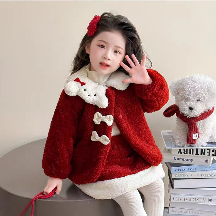 拜年服女童套装2025新款洋气儿童冬装宝宝加棉加厚毛毛衣两件套