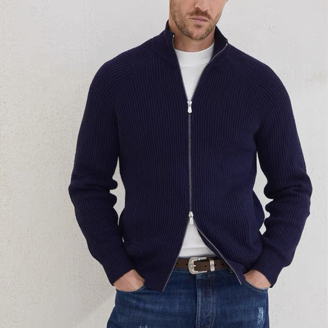 B*c17500款双拉链针织立领插肩秋冬老钱