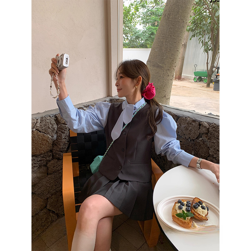 【两件套】【有里布】学院风衬衫拼接马甲假两件百褶半身裙套装DM0042