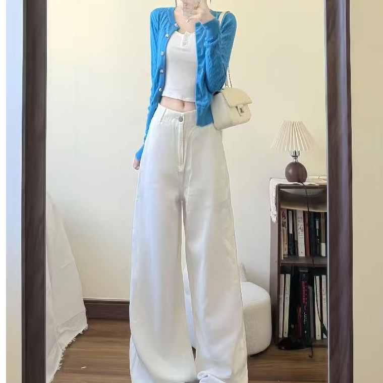 女装秋款爆款2025新款韩系纯欲针织开衫白色吊带高腰阔腿裤三件套