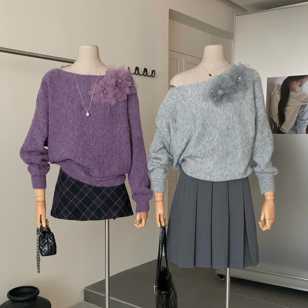 百搭老钱风女装宽松立体花朵针织衫紫色毛衣2025秋季新款百搭上衣