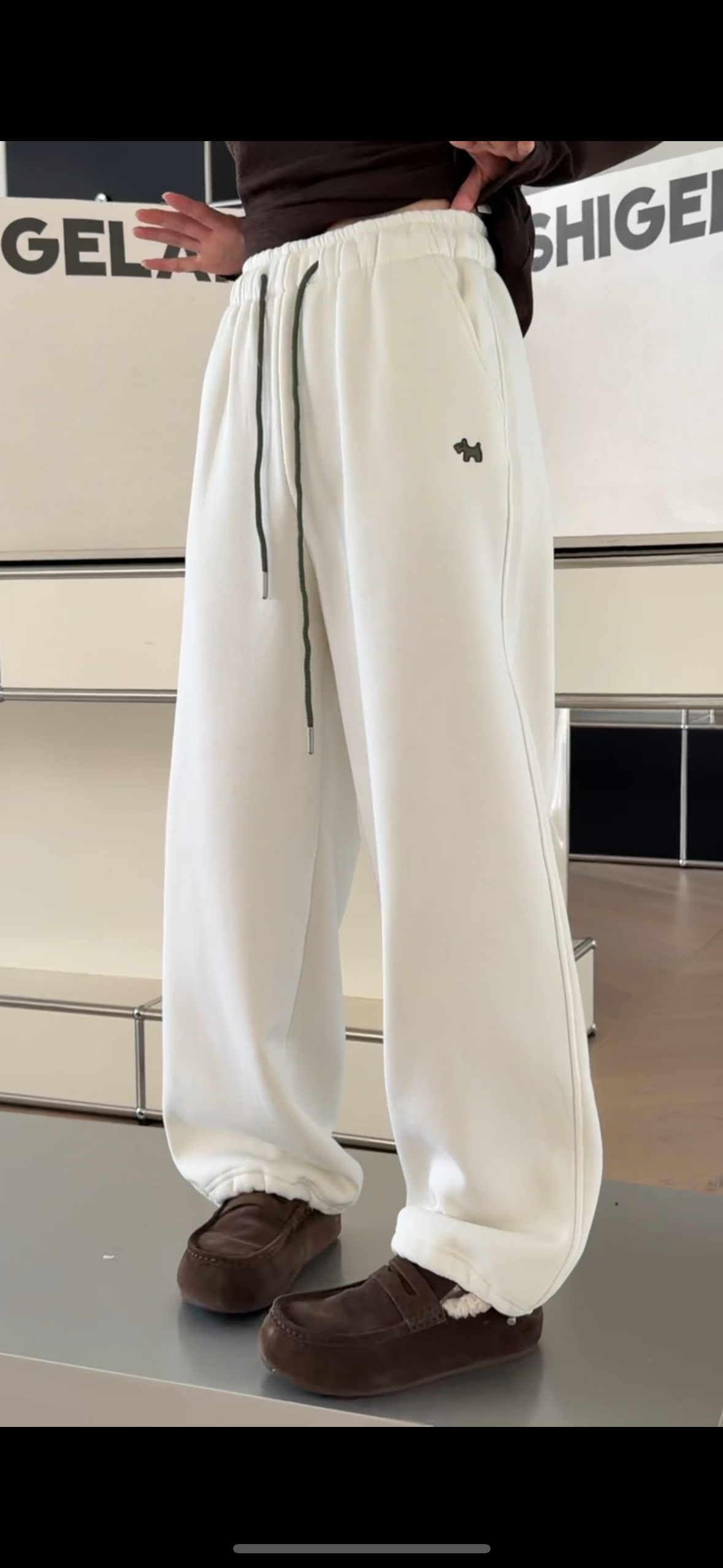 诗歌兰2025新款加绒保暖松紧腰阔腿裤长裤中腰简约休闲裤卫裤