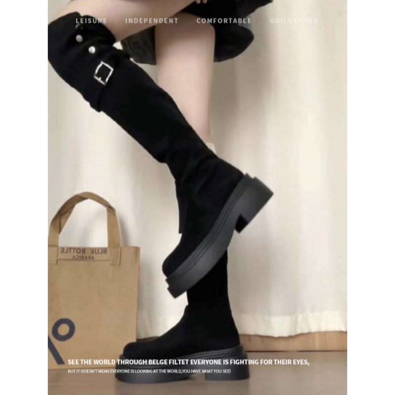 两穿翻折长靴弹力过膝靴子女2025年新款厚底长筒靴粗跟高筒骑士靴