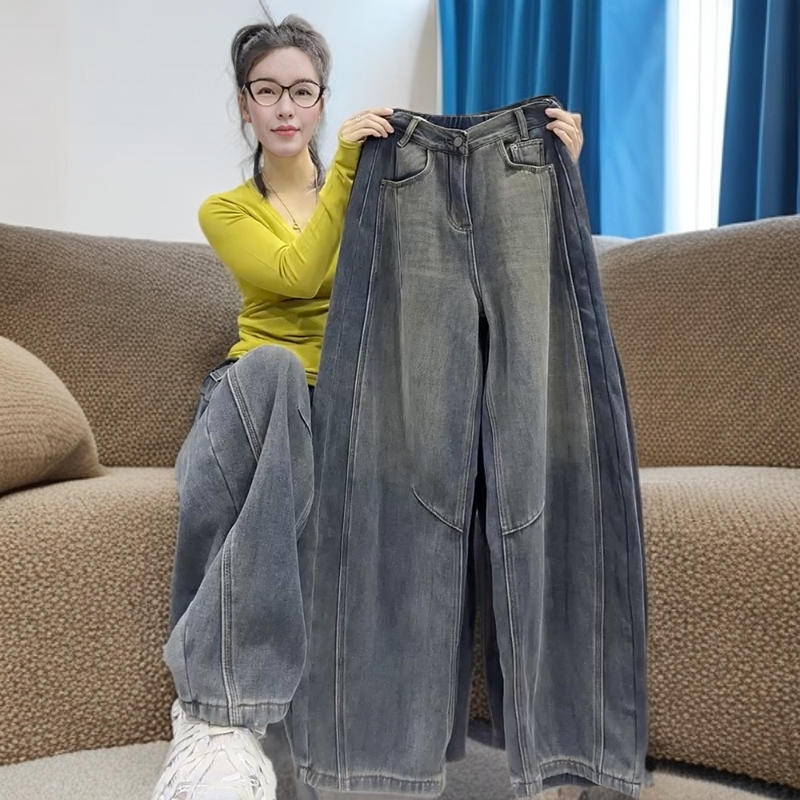 秋冬新款加绒显瘦阔腿牛仔裤女大码弯刀裤高腰百搭休闲慵懒风裤子