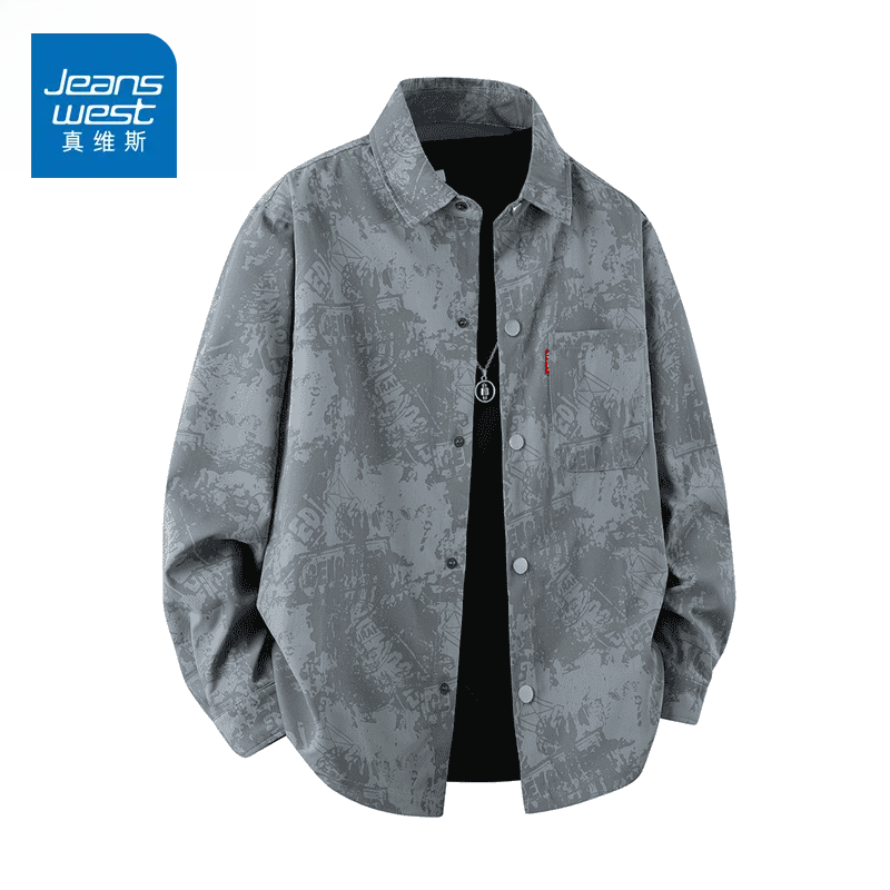 真维斯大码长袖衬衫男2025春秋新款宽松美式复古高街满印衬衣外套