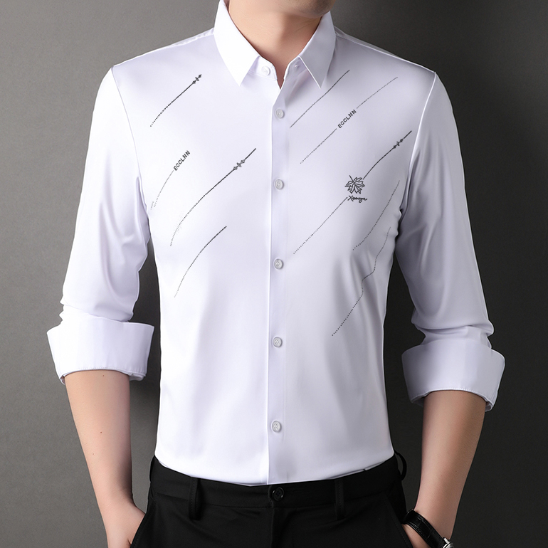 2025男士长袖衬衫高档条纹秋冬季无痕高弹力加绒免烫抗皱保暖衬衣